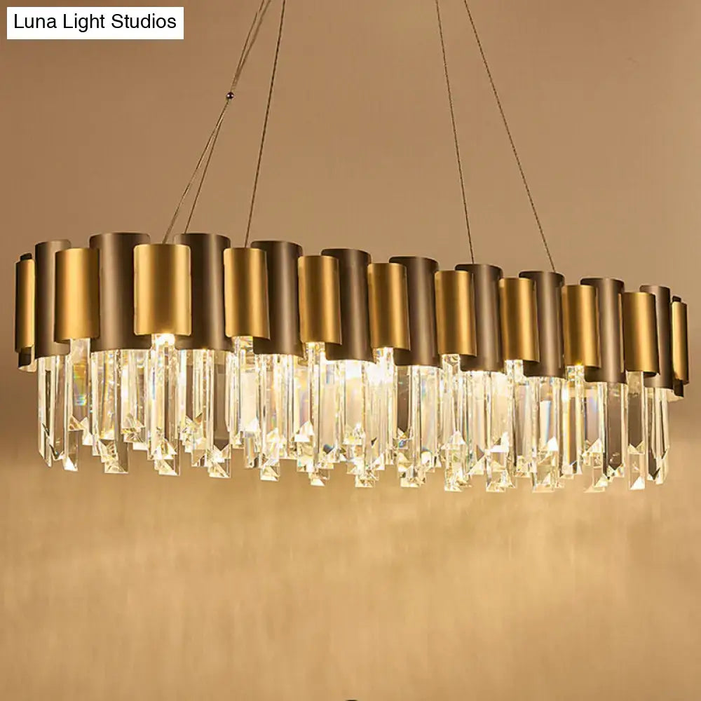 Decorbites™ tri-sided crystal rod hanging lamp with 10 heads features bronze and gold cylindrical shades and crystal prisms