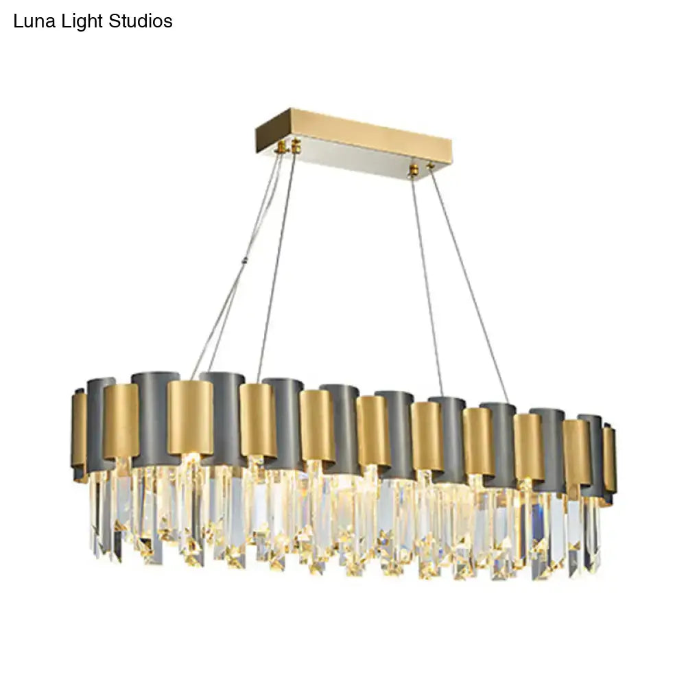 Modern rectangular decorbites™ tri-sided crystal rod hanging lamp with gold and matte black cylindrical shades and prisms