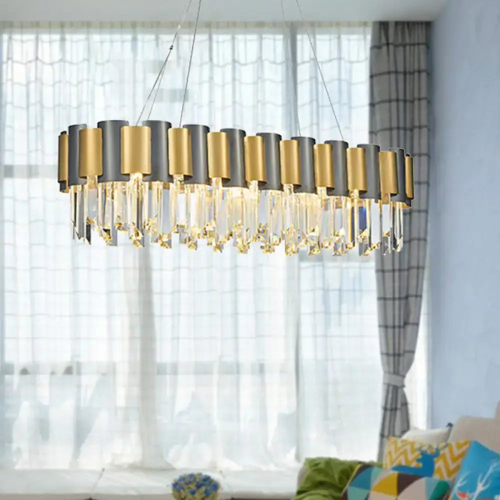 Decorbites™ tri-sided crystal rod hanging lamp with 10 heads featuring gold and matte black cylindrical shades hanging lamp