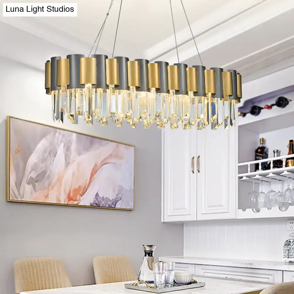 Decorbites™ tri-sided crystal rod hanging lamp with 10 gold and matte gray cylindrical shades and crystal droplets