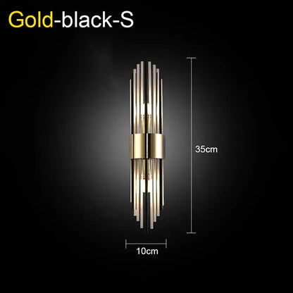 Modern gold and black wall lamp with vertical metallic rods and central gold band for decorbites crystal wall lamp decor