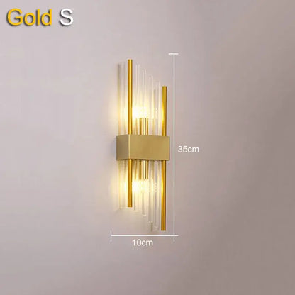 Modern gold and black crystal wall lamp featuring vertical glass rods and metallic accents for living room decorbites crystal wall