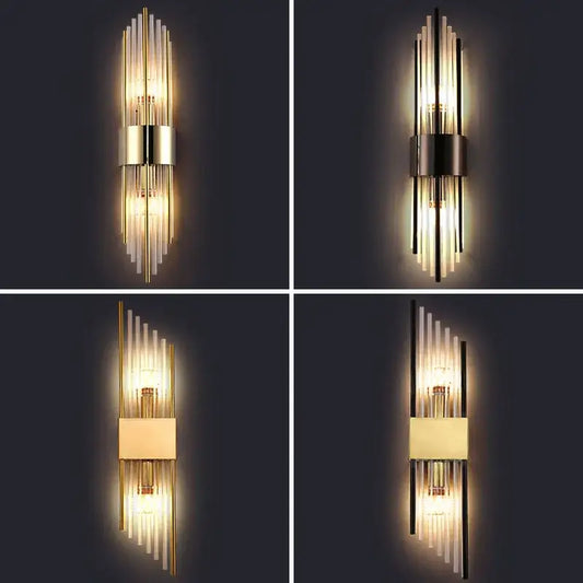 Modern gold and black crystal wall lamp with vertical glass rods and metallic accents for living room decorbites crystal wall lamp