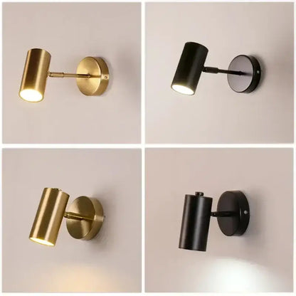 Modern gold and black cylindrical led wall lamp in brushed brass and matte black finishes perfect for living room decorbites gold led wall