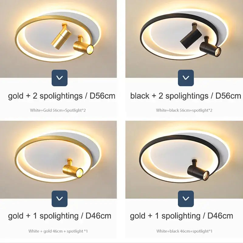 Modern gold and black decorbites dimmable led ceiling lights with circular white and black rings and spotlights for living room