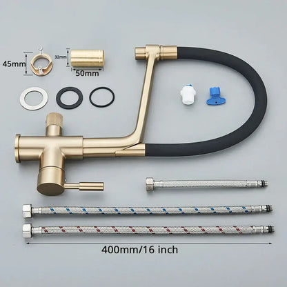 Brass-finished modern gold and black decorbites dual spout kitchen faucet with flexible black hose and sleek design