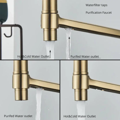 Modern gold and black dual spout kitchen faucet with flexible hose and sleek metallic finish for hot cold and purified water