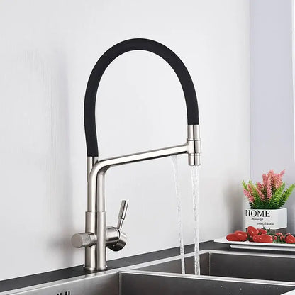 Modern gold and black dual spout kitchen faucet with polished stainless steel body and flexible black rubber hose decorbites dual spout