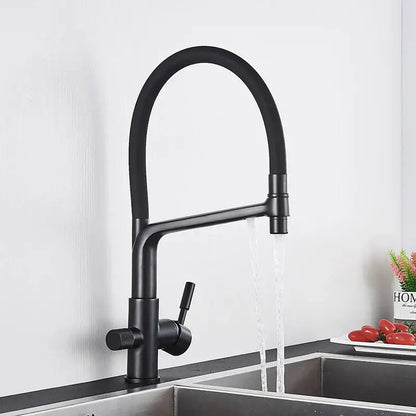 Black matte-finish decorbites dual spout kitchen faucet with curved spout and pull-down spray head for modern kitchens
