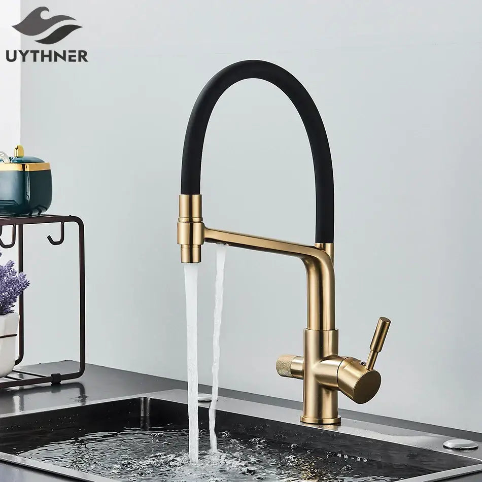 Modern gold and black dual spout kitchen faucet with flexible hose black spout and textured gold handles by decorbites