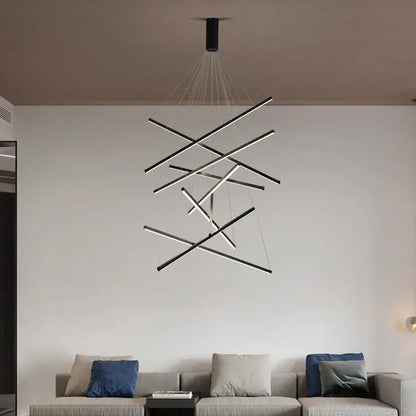 Modern black and white linear aluminum ceiling chandelier with intersecting rods for living room use