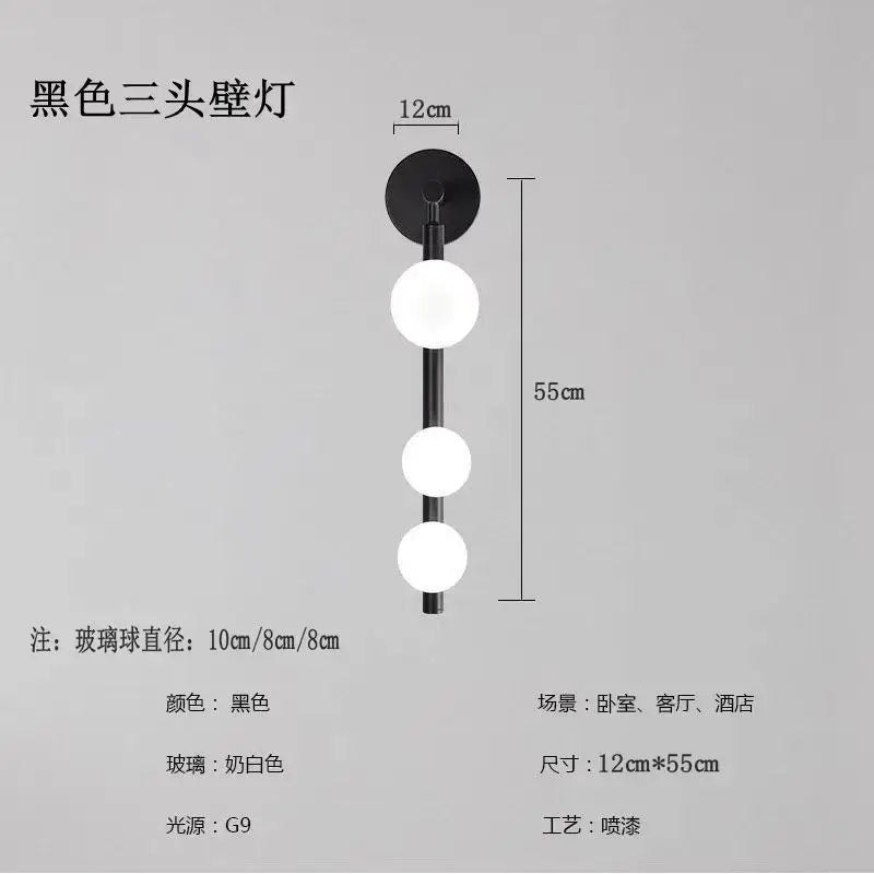 Black three-head wall lights with frosted white glass spheres and modern design for decorbites glass ball wall decor