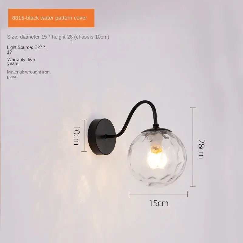 Black wrought iron wall lamp with faceted clear glass globe for modern decorbites glass ballight led bedroom sconce