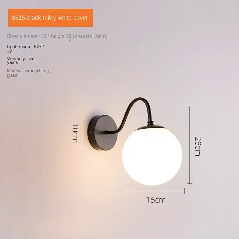 Black wrought iron wall lamp with milky white glass globe decorbites glass ballight led bedroom sconce