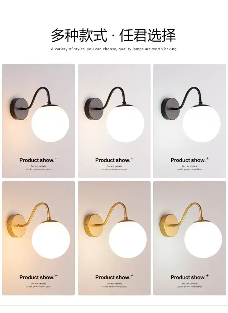 Modern wall lamp with sleek curved metal arm and frosted glass globe shade in matte black or brass decorbites glass ballight led