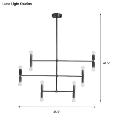 Black metal chandelier with geometric grid structure and frosted glass globes featuring rotatable arms gold black led island light