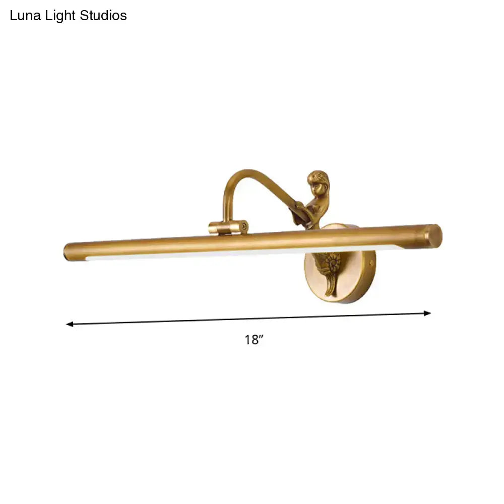 Modern gold and black wall sconce with gold-finished cherub holding curved arm and 12 inches fixture height