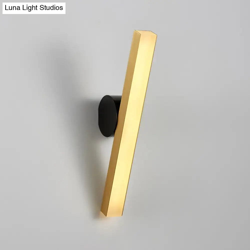 Modern gold and black led wall sconce with rectangular design and black circular mounting base for living room fixture width