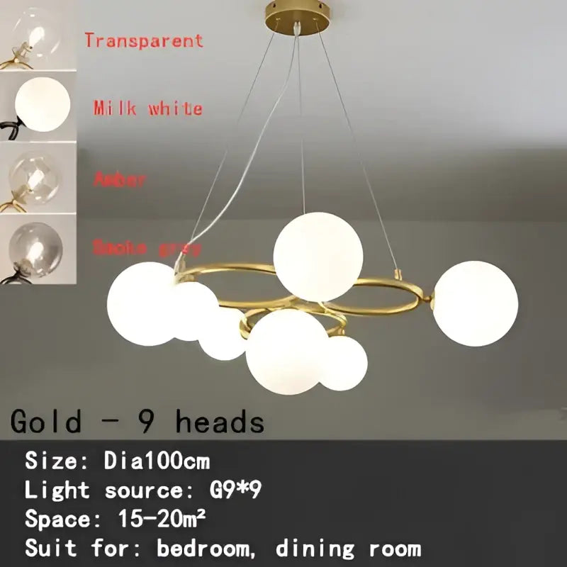 Modern gold black magic bean ceiling chandelier with nine frosted white glass bulbs in a circular design