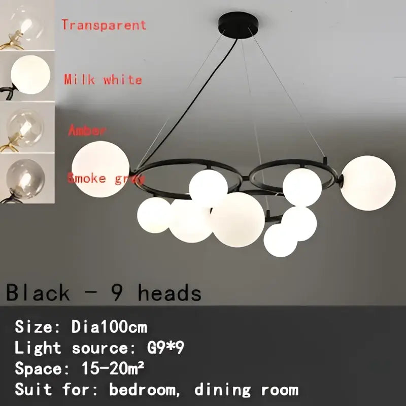 Modern gold black magic bean ceiling chandelier with nine white glass globe lights for dining room illumination