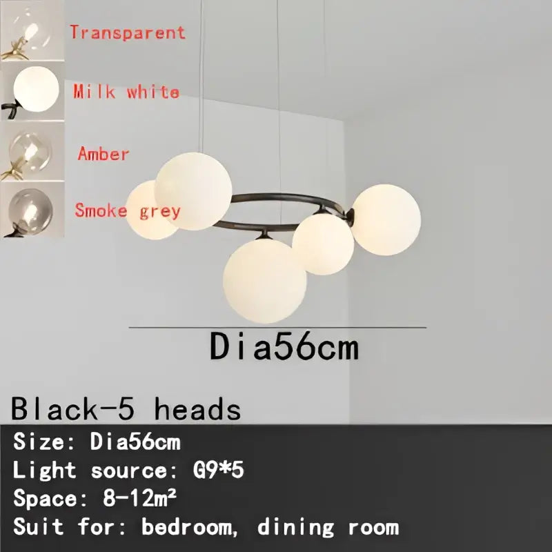 Modern gold black magic bean ceiling chandelier with five milk white amber and smoke grey glass shades for dining room
