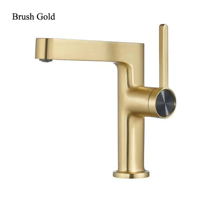 Modern gold and black decorbites basin faucet with brushed metallic finish and sleek single-handle design for bathroom use