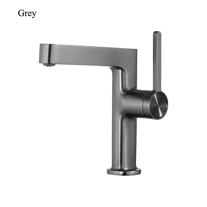 Modern matte grey decorbites basin faucet with single handle and minimalist brushed metal finish for kitchen use