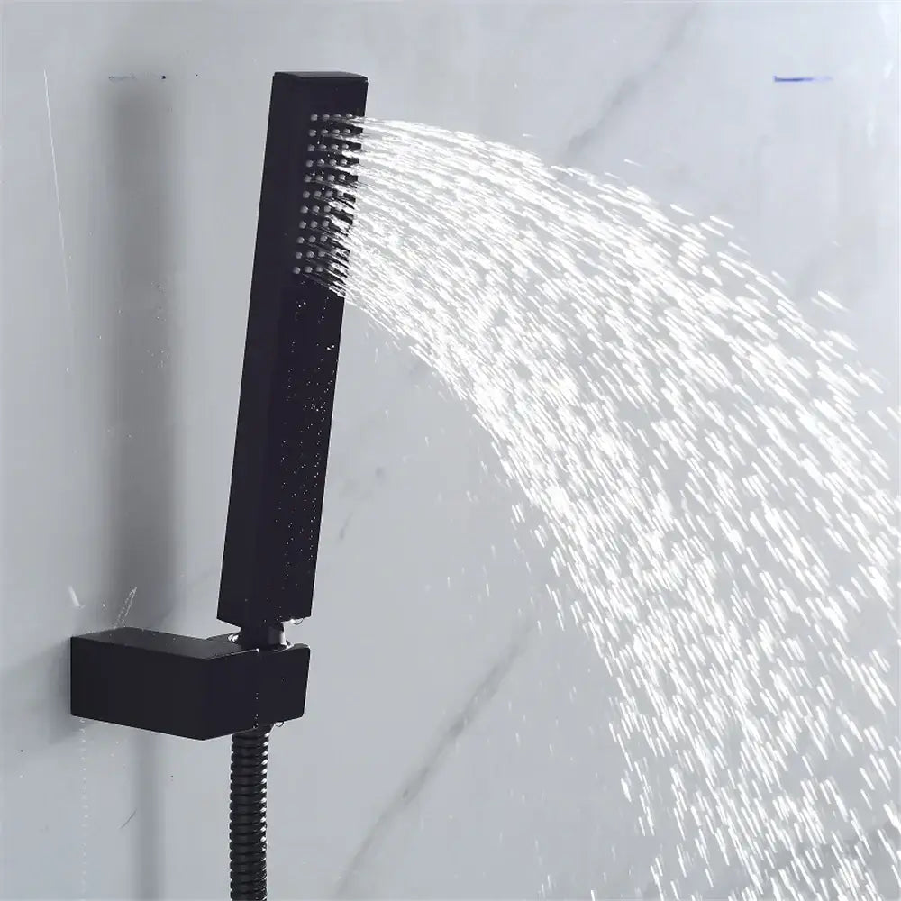 Modern gold black shower set featuring a black rectangular showerhead with multiple spray nozzles for gold black tub decorbites