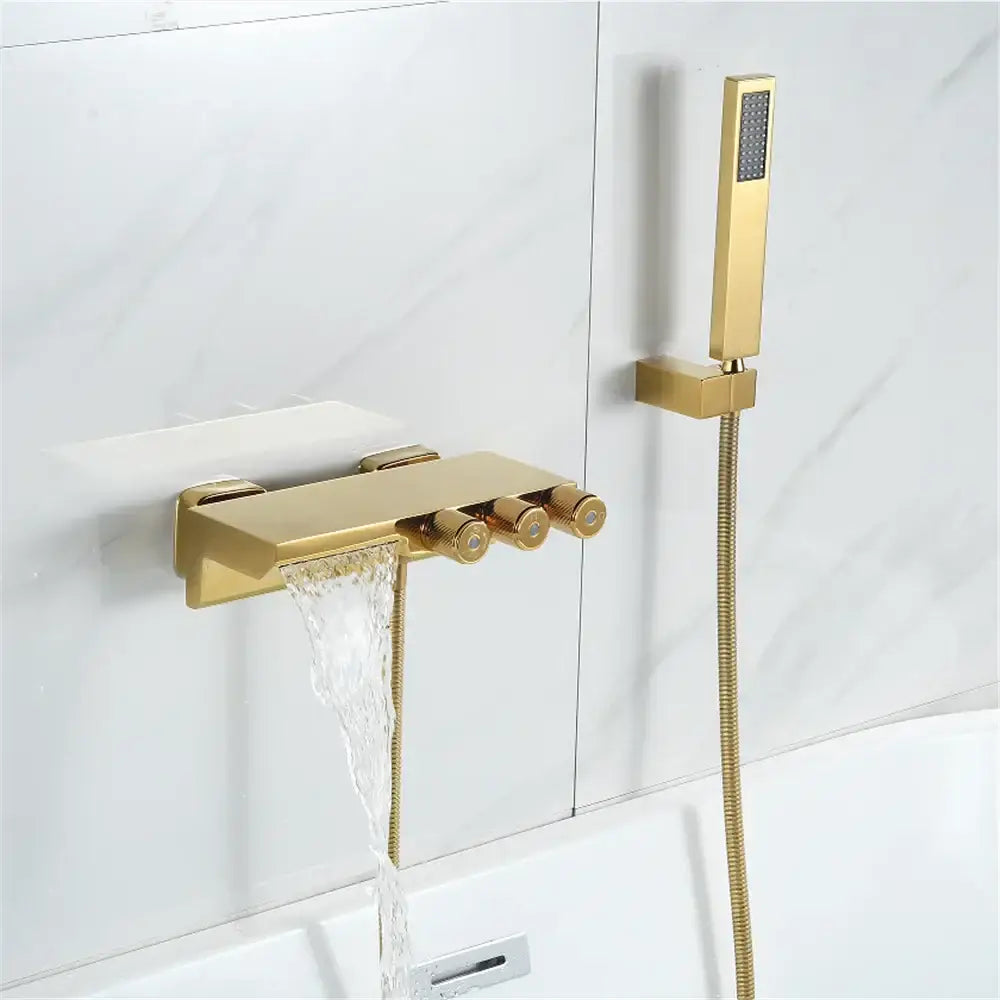 Modern gold and black shower set tub mixer with three gold knobs and handheld showerhead for decorbites gold black tub