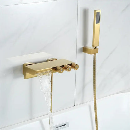 Modern gold and black shower set tub mixer with three gold knobs and handheld showerhead for decorbites gold black tub