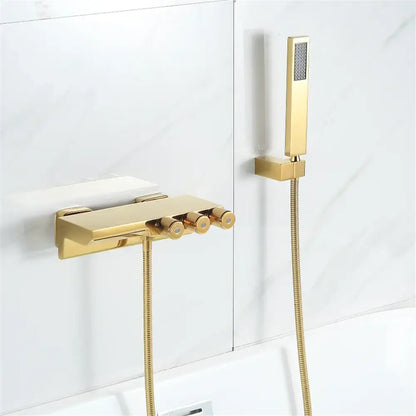 Modern gold and black shower set with gold finished rectangular wall-mounted faucet and handheld showerhead decorbites gold black tub