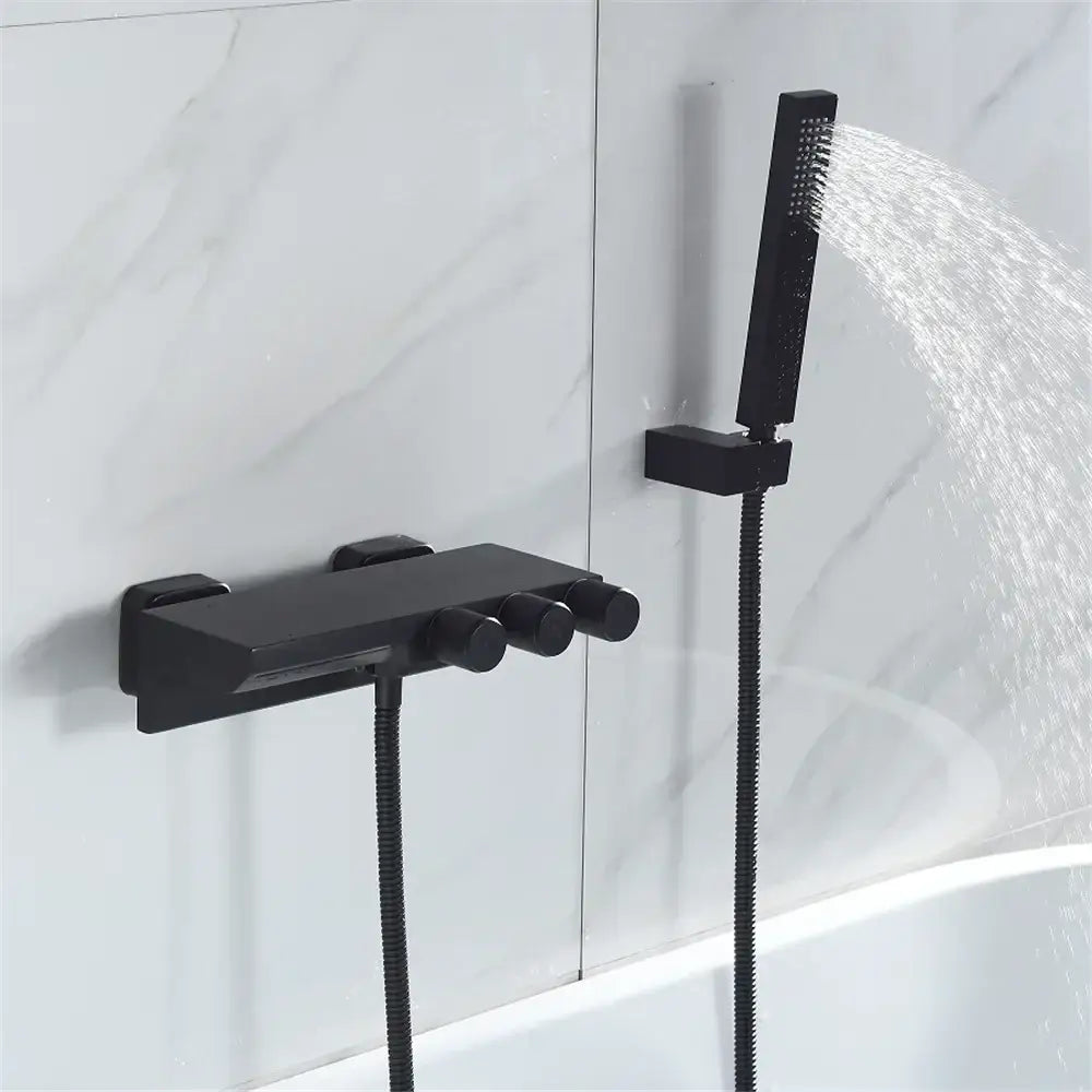 Modern gold black shower set featuring a black matte finish rectangular wall-mounted control and handheld spray head tub mixer