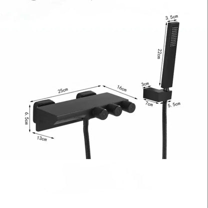 Modern gold black shower set featuring a black matte finish tub mixer with three control knobs and detachable handheld spray head