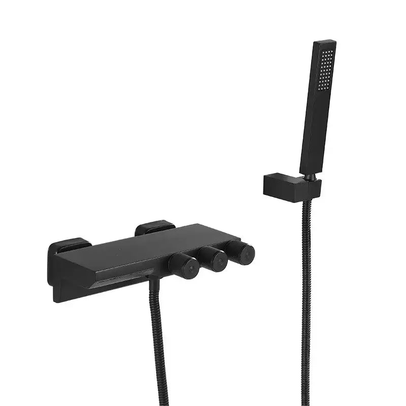 Modern gold black shower set featuring a black matte finish shower system with a rectangular handheld showerhead and wall control unit