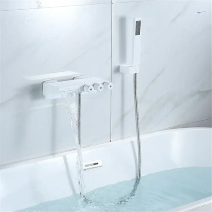 White modern bathtub faucet with waterfall spout and handheld showerhead in decorbites gold black shower set design