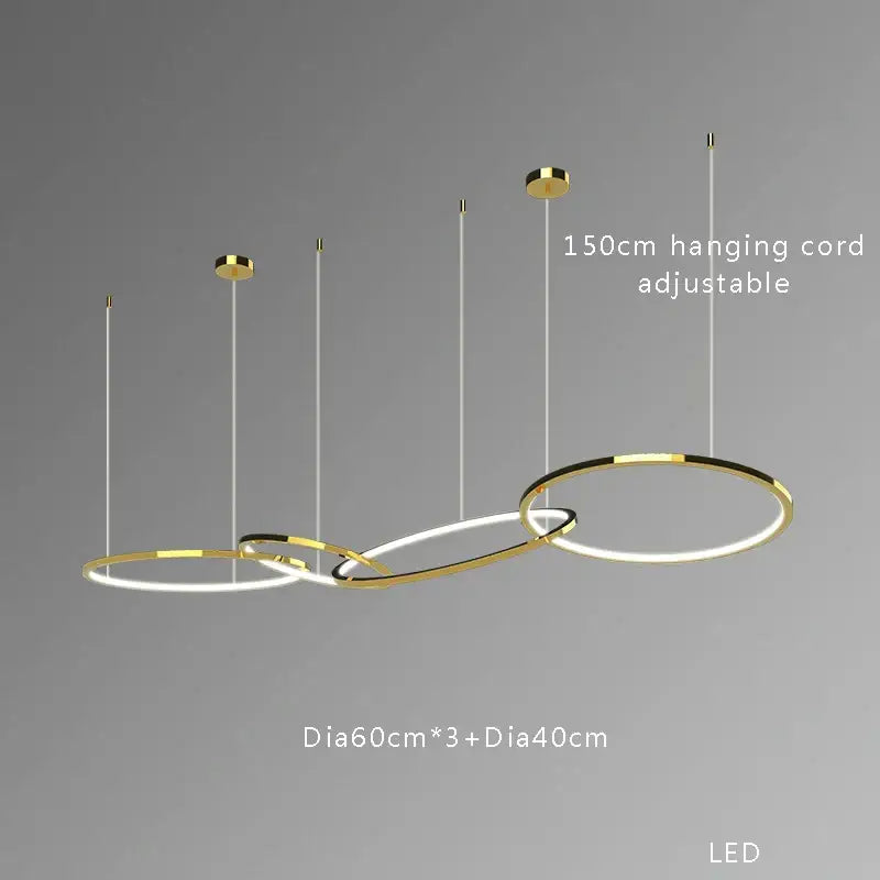 Modern gold and black stainless steel pendant lights with three interlocking illuminated rings for dining room decorbites gold stainless