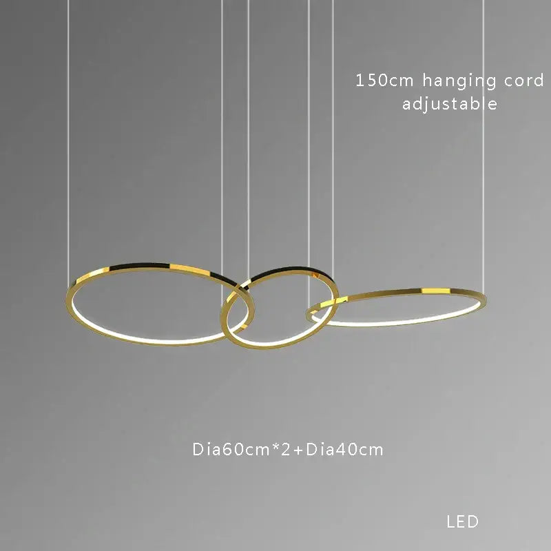 Modern gold and black stainless steel pendant lights with three interlocking rings and adjustable cord for dining room decorbites gold stainless