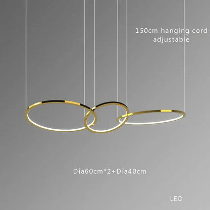 Modern gold and black stainless steel pendant lights with three interlocking rings and adjustable cord for dining room decorbites gold stainless