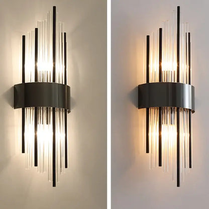 Modern gold and black stainless steel wall sconce with black and clear glass vertical rods for living room decorbites gold stainless