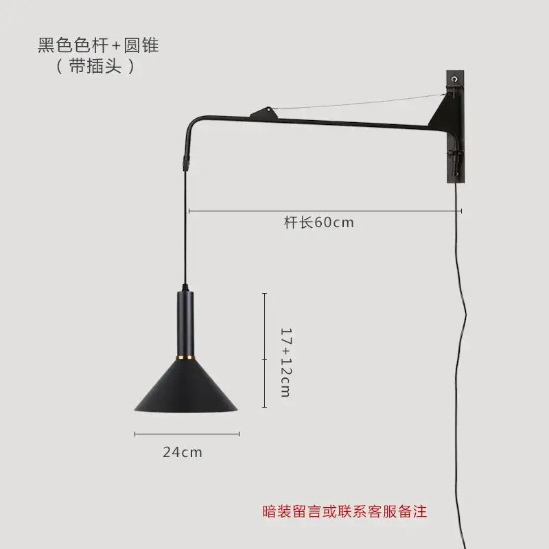 Black matte wall lamp with adjustable arm, conical shade, and gold accent ring for decorbites gold black swing style