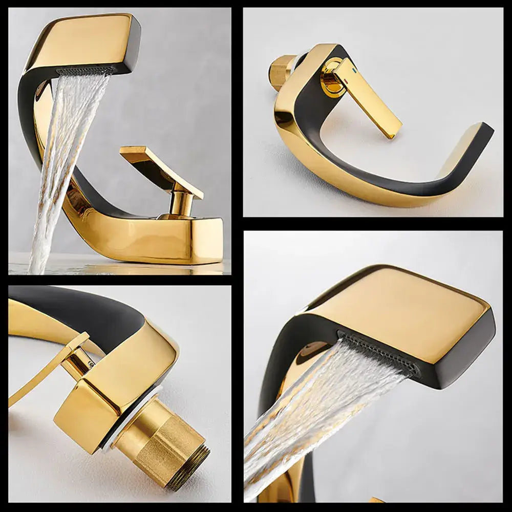 Modern gold and black waterfall basin faucet with a sleek angular design for bathroom fixtures