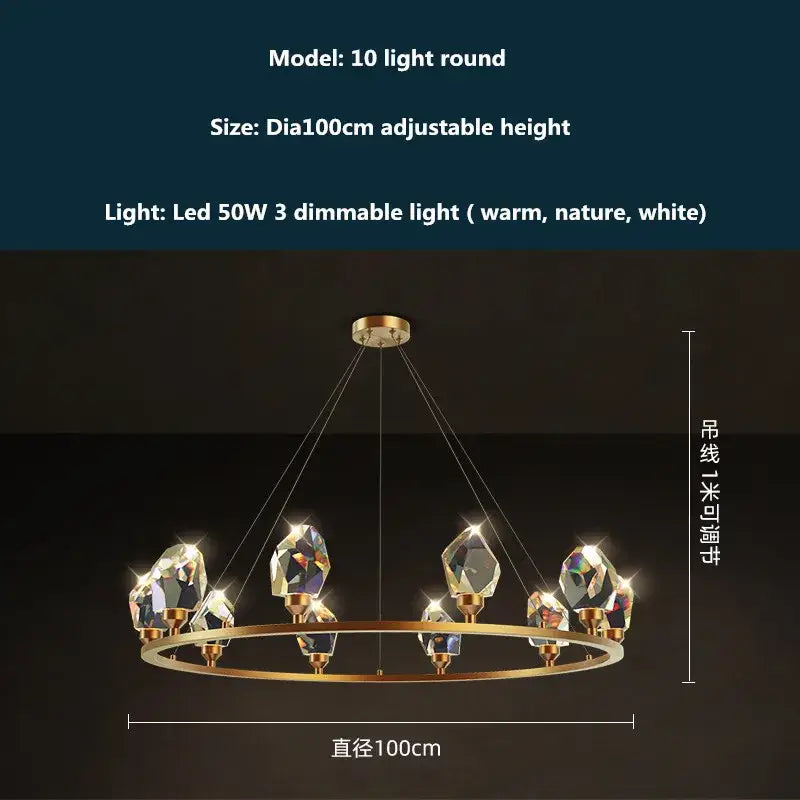 Modern gold and blue dimmable crystal chandelier with gold-toned circular frame and ten faceted lights by decorbites copper led