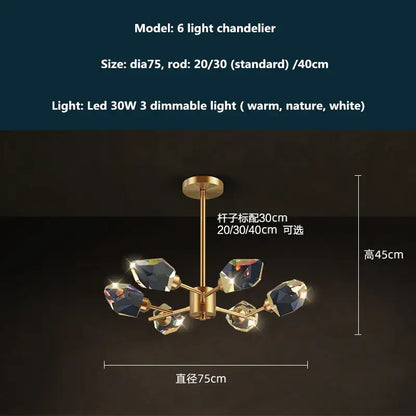 Modern gold six-light dimmable crystal chandelier with faceted shades for dining room decorbites copper led lighting