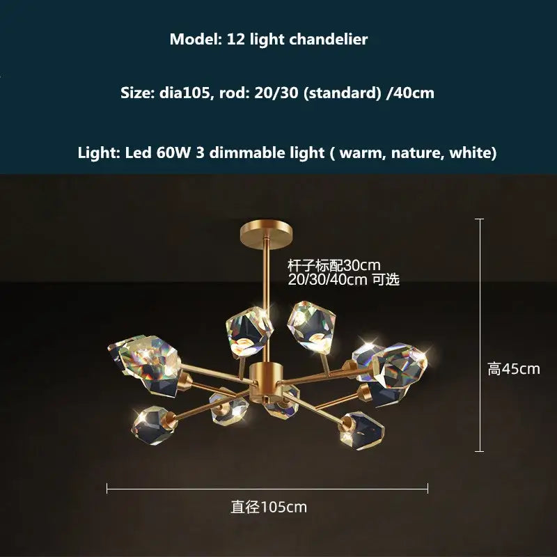 Modern gold and blue dimmable crystal chandelier with gold-toned 12 lights and faceted shades for dining room decorbites copper led