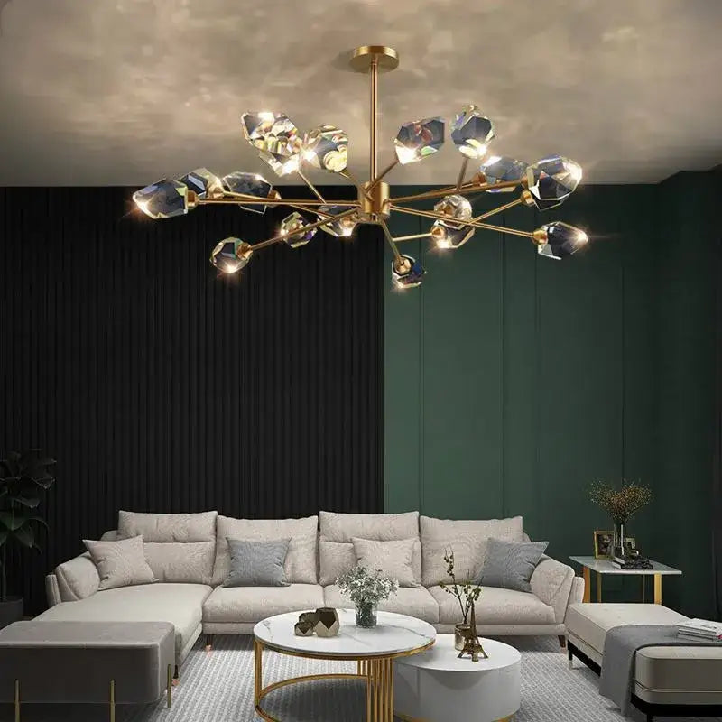 Modern gold and blue dimmable crystal chandelier with gold-toned faceted shades for dining room decorbites copper led light