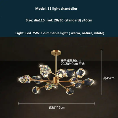 Modern gold and blue dimmable crystal chandelier with 15 lights featuring faceted crystals and dark blue gemstones by decorbites copper led