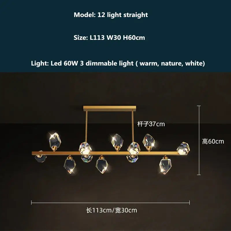 Modern gold and blue dimmable crystal chandelier with twelve faceted pendants for dining room decorbites copper led light