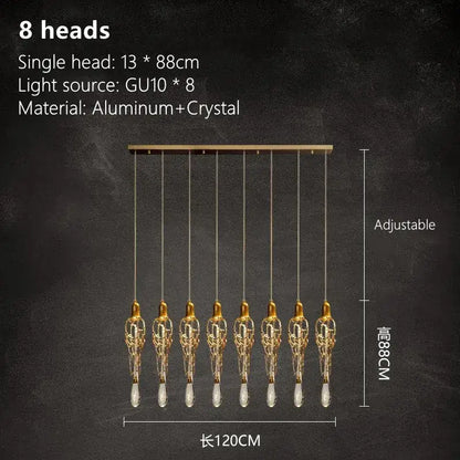 Modern gold branch art cage crystal chandelier with eight ornate gold-toned pendant lights for dining room decor