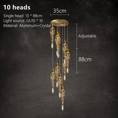 Modern gold branch art cage crystal chandelier with ten ornate pendant lights and adjustable aluminum ceiling mount