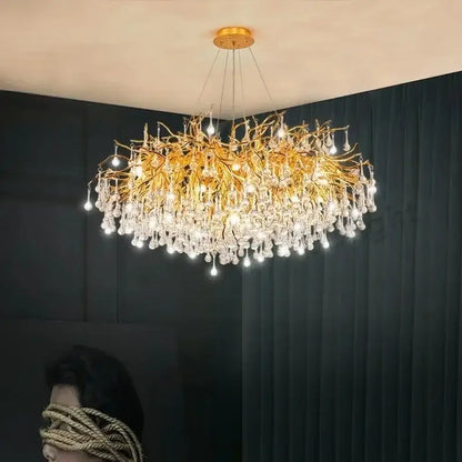 Modern gold branch crystal ceiling chandelier with cascading clear crystal droplets for living room decorbites crystal ceiling